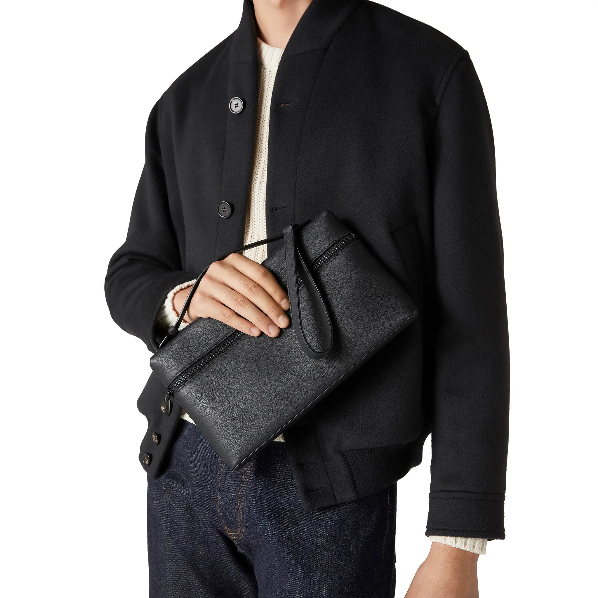 Model View of Loro Piana Extra Pouch L29 Calfskin Black Matt FAN9085_804N